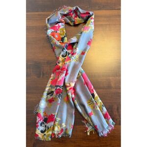 Floral Rose Print Scarf Grey Pink Eyelash Fringe Bloomcore Maximalist Bohemian